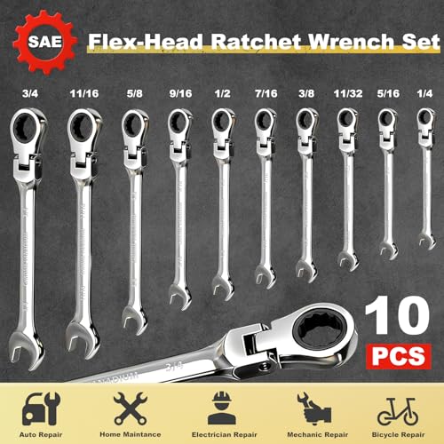 Image of Egofine Flex Head Ratcheting Wrench Set 10 Piece, SAE Wrench Set, CR-V Steel 1 /4 inch to 3 /4 inch Wrench, 72-Teeth Combination wrench set, Chrome plated Ratchet Wrenches Set with Tool Roll Bag