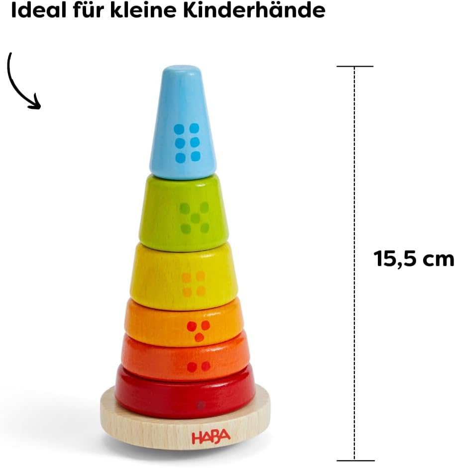 HABA Multi-coloured stacking tower - motor skills toy with colourful stacking rings - Wooden toy for babies - Made in Germany - from 12 months - 2010995001