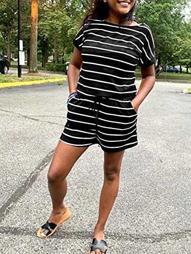 Anrabess Women's Summer Crewneck Casual Loose Short Sleeve One Piece Jumpsuit Rompers Outfits With Pockets Heibaitiao-S Byf-33 #TOP3