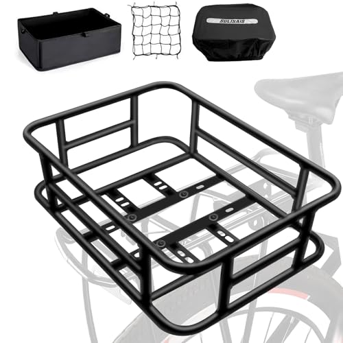 SULISAIS Bike Basket, Rear Rack Bicycle Basket with Waterproof Cover, Cargo Net and Liner, Suitable for Mountain Bicycle Heavy Duty Bicycle and E-Bike, Black, Large Size