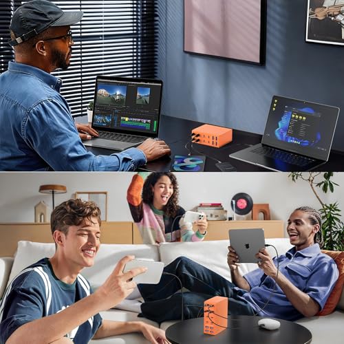Image of 500W USB C Charger Block, 12-Port USB C Charging Station for Multiple Devices, Leather Texture Dual PD 65W Laptop Fast Charger Compatible with MacBook Pro /Air, iPad, iPhone,Galaxy and More,Orange