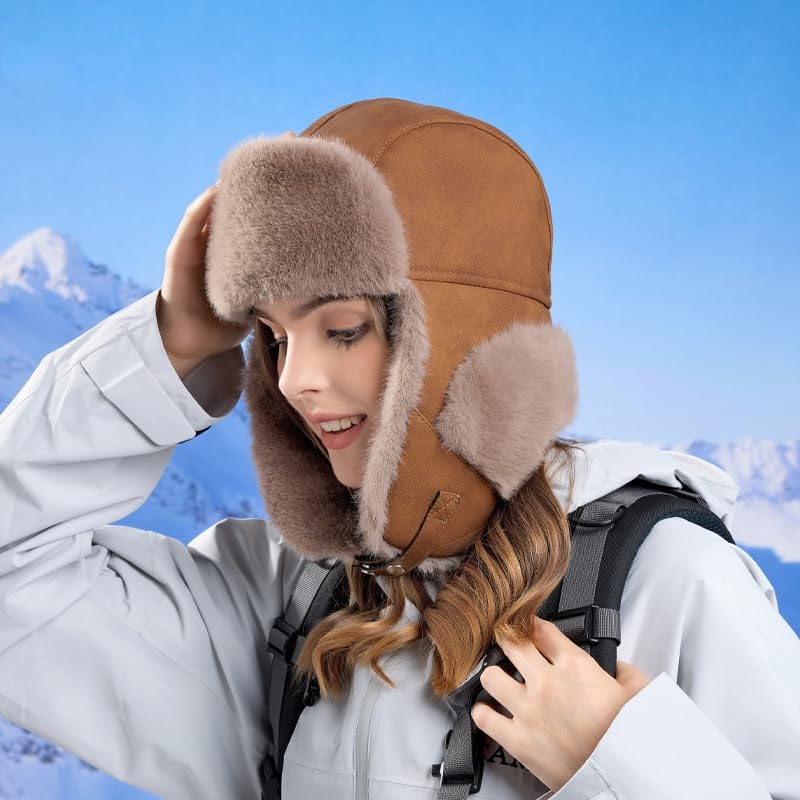 Winter Trapper Hat Ushanka Trooper Hat Beanie for Women Hat with Ear Flaps Cold Weather Windproof(Coffee,M)
