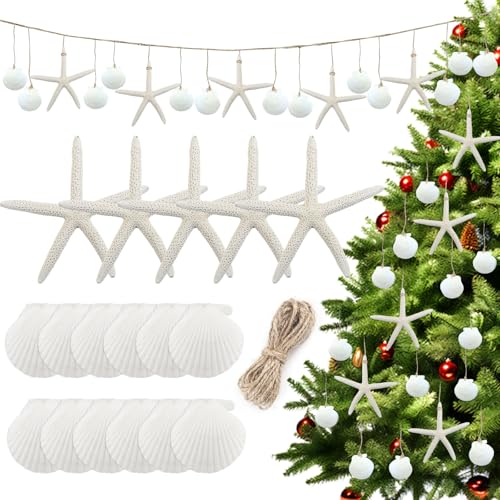 Fangoo Guirlanda de conchas de mar com design de estrela do mar e dedo branco natural decoração de festa náutica bandeiras pendentes sereia desejos aniversário praia decoração de casamento