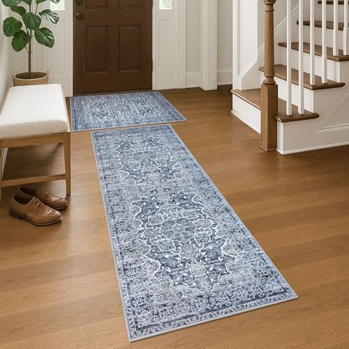 KUTA Vintage Washable Rug, 2PCS 2x3 and 2x6 Blue White Runners for Hallways Non-Slip Kitchen Area Rugs Ultra Soft Printed Distressed Floral Floor Carpet for Laundry Bedroom Living Room Nursery