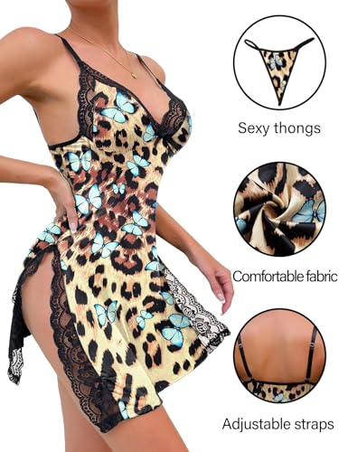 Image of Foxiny Sexy Split Side Floral Lace Trim Full Slip Night Gown Babydoll Lingerie Dress with Thong 2 piece