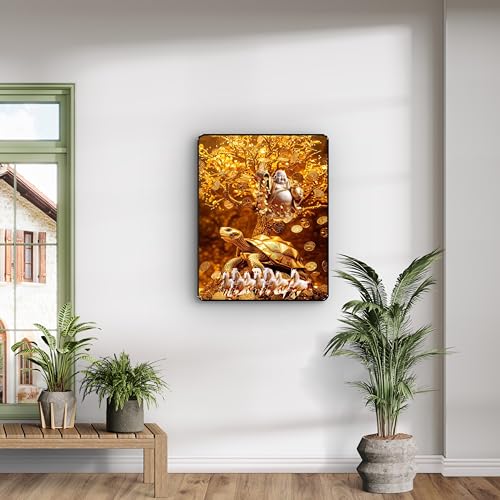 Image of SAF Golden Money Tree Laughing Buddha Tortoise Horse Wall Art Black Frame Sparkle Lamination Vastu Feng Shui Wealth Positive Energy Decorative Painting for Home (14 Inch x 11 Inch) K-36110