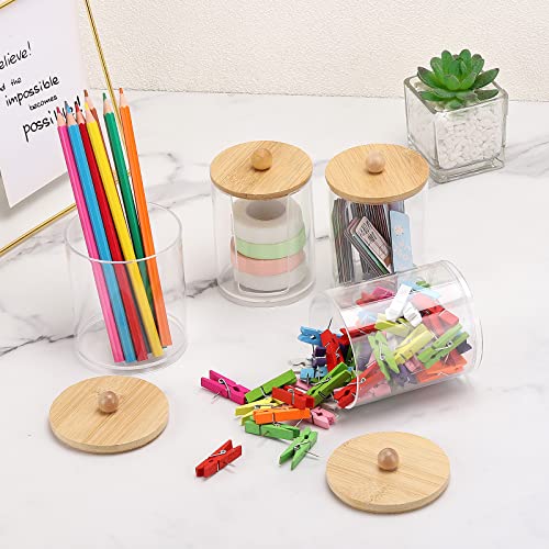 Image of Tbestmax 4 Pcs Qtip Holder Dispenser for Cotton Ball, Cotton Swab, Floss - 10 oz, 12 oz Clear Apothecary Jars with Bamboo Lids, Restroom Bathroom Organizers and Storage Containers