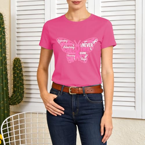 Image of Breast Cancer Survivor Butterfly Shirt for Women-Pink Ribbon Short Sleeve | With Hope Slogan Print Tee Top Ideal for Breast Cancer Group Uniform for Awareness Month & Survivor Memorial Gathering