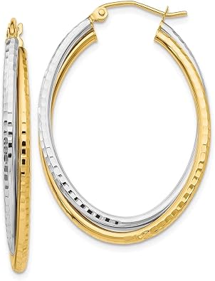 14K Yellow Gold Two-tone Diamond-cut Oval Hoop Earring, L-22 mm, W-5 mm
