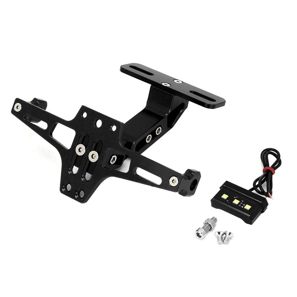 Qiilu - Soporte de matrícula para moto, soporte de matrícula telescópico ajustable de aleación de aluminio con luz LED(Negro)