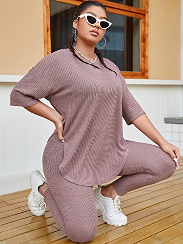 Wdirara Women's Plus Size 2 Piece Outfit Waffle Knit Half Sleeve Top And Leggings Set Dusty Pink 3Xl #TOP3