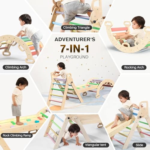 Image of Pikler Triangle Set, Foldable Baby Climbing Wooden Toys with Arch & Ramp & Ladder Climber Indoor Jungle Gyms Ideal for Toddlers Kids