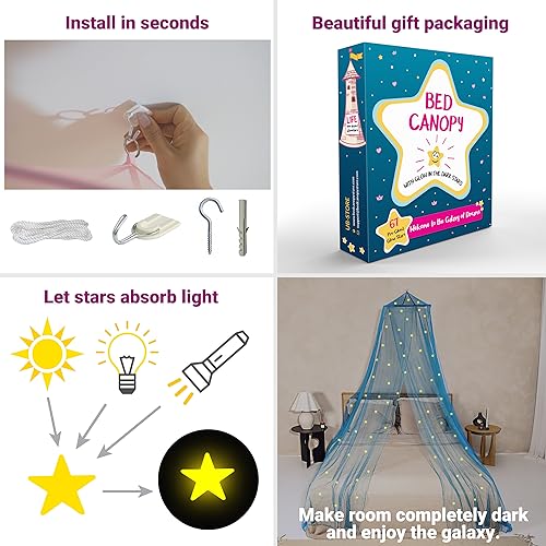 Image of Blue Canopy for Girls Bed with Pre-Glued Glow in The Dark Stars - Princess Mosquito Net Room Decor - Kids & Baby Bedroom Tent with Galaxy Lights - 1 Opening Canopy Bed & Hanging Kit Included