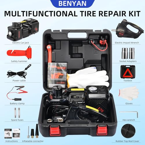 Image of Electric Car Jack kit 5 Ton 12V Electric Floor Jack Lift for Vehicle, Electric Hydraulic Jack Auto Repair Tool Set with Built-in Inflator and Impact Wrench for SUV Sedan Truck Tire Change