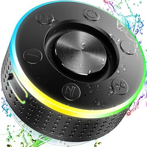 Donerton Bluetooth Shower Speaker, IPX7 Waterproof Wireless Speaker with Suction Cup, Portable Speaker, 360 HD Surround Sound, LED Light Mini Speakers, Dual Stereo Pairing, Built in Mic, Radio(Black)