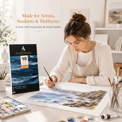 Image of ArtRight Artists' Watercolor Paper A2 300 GSM - 10 Sheets of Handmade Rough Grain Water Colour Papers for Watercolour, Acrylic, Gouache, Ink & Mixed Media