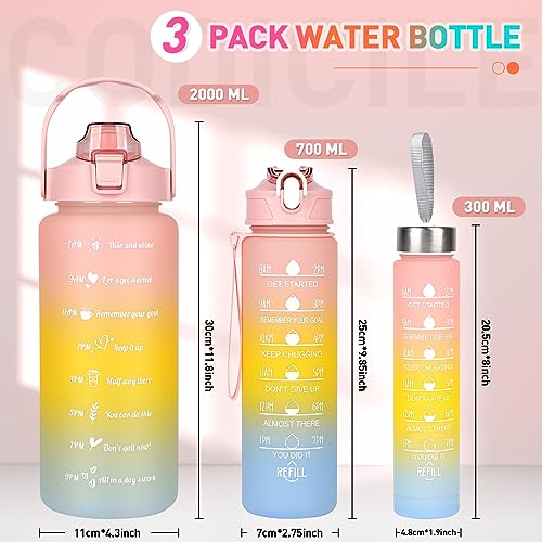 CodiCile Motivational Water Bottle with Straw 3 Pcs, 2L 700ML 300ML Reusable BPA Free Sports Water Bottle, Leakproof Drinks Bottle with Time Markings (Pink) - Image 3