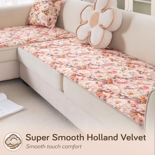 Image of HOKIPO 'Nature Muse' Premium HD Printed Holland Velvet L Shape (3+2 Seater) Sofa Cover Seat Mat, Rose Symphony (IN-916-D5 + IN-918-D5)
