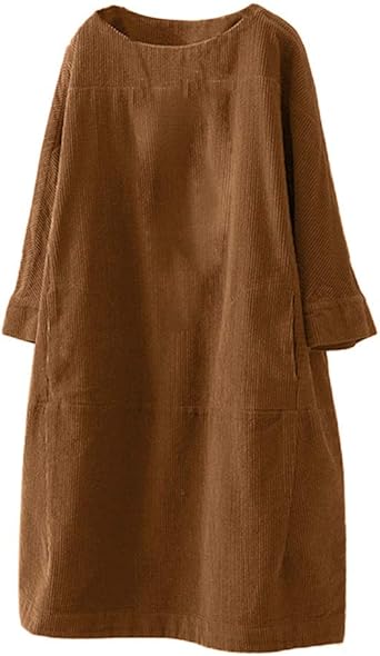 2023 New Year - Women Vintage Pockets Corduroy Solid Color Long Sleeve Loose Casual Dress Womens Dresses Plus Size