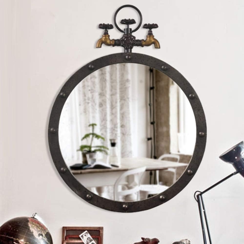Vintage industrialne lustro ścienne z metalową ramą, okrągłe szklane lustro, konstrukcja kranu, 50 cm - idealne do dekoracji domu przedpokoju