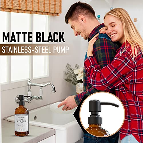 Image of Sunrise Premium 2 Pack Amber Glass Soap Dispenser 16 OZ with Matte Black Stainless Steel Pump, Hand and Dish Soap Dispenser Set for Bathroom and Kitchen Sink with 6 Waterproof Labels