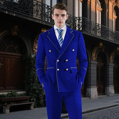 MOGU Men's 2 Piece Velvet Suit Double Breasted Tuxedo Slim Fit Set Gold Buttons Suits Party Casual Formal3