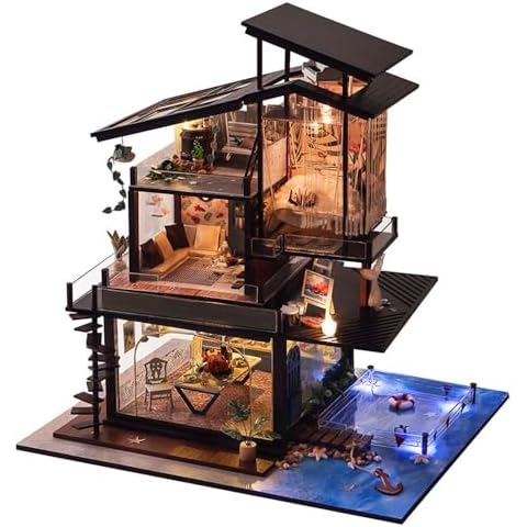 Kisoy Miniature DIY Dollhouse Kit with Furniture Accessories Creative Gift for Lovers and Friends (Valencia Coast) with Dust Proof Cover and Music Movement Cover
