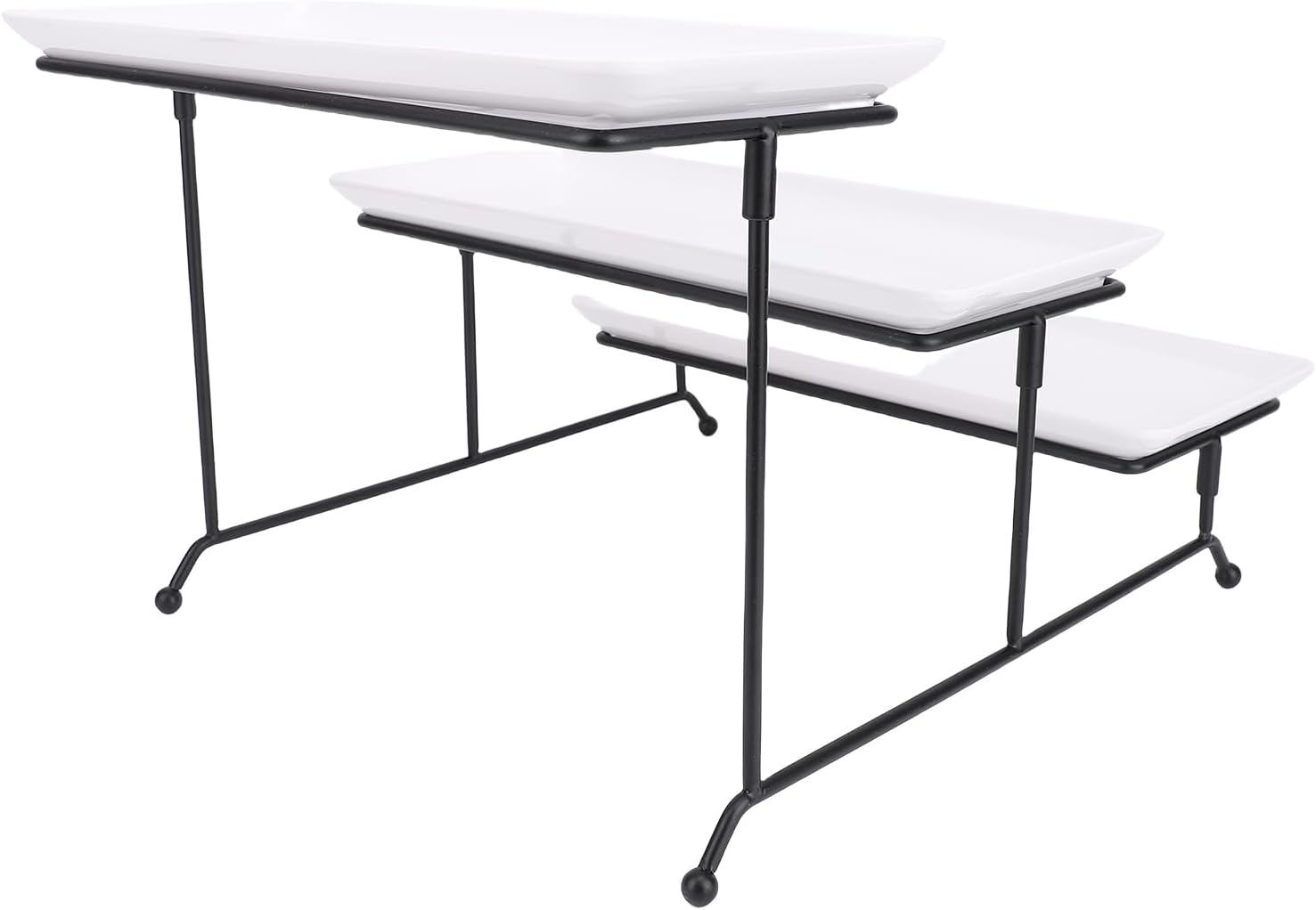3 Tier Serving Tray, Premium Metal Collapsible Tiered Serving Tray, Dessert Stand with Sturdy Black Iron Rack and Porcelain Trays for Party Wedding Birthday Dessert Appetizer