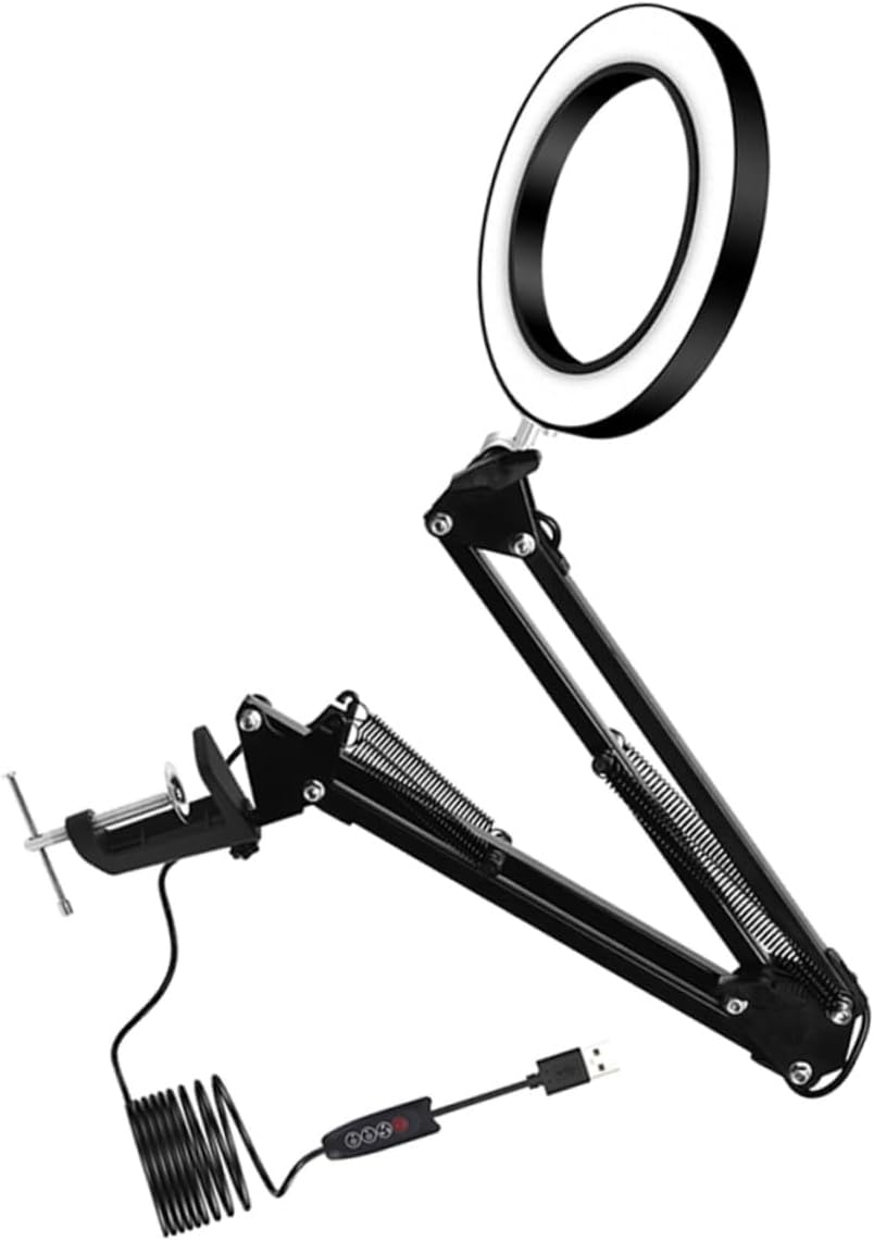 POPETPOP USB LED Magnifying Glass Desk Lamp with Retractable Long Arm 22cm Adjustable 3 Color Temperature Lighting for Welding and Crafting Eye-Caring Table Light