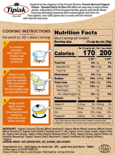 Tipiak Organic Grains Quinoa, French Lentil & Couscous, Roasted Garlic & Olive Oil, 5.1 Oz (Pack Of 2) #TOP4
