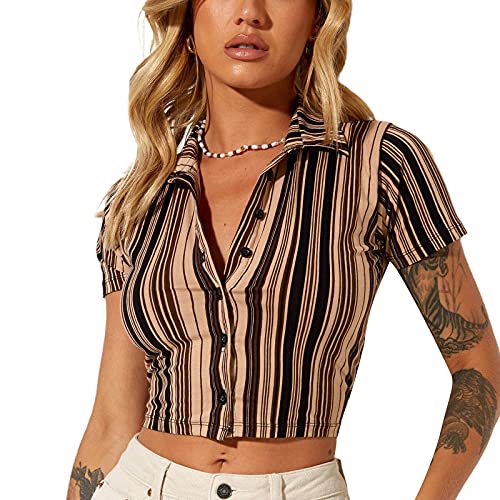 Blusa Corta para Mujer Camisetas sin Mangas Sexy de Moda de Manga Corta Blusa Vintage Cuello Vuelto Camisas con Estampado Floral Blusa Ajustada Camiseta Casual Tops de Verano Cover
