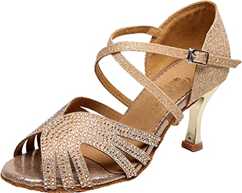 Chaussures de danse latine anti-glisse confortables à strass dorés