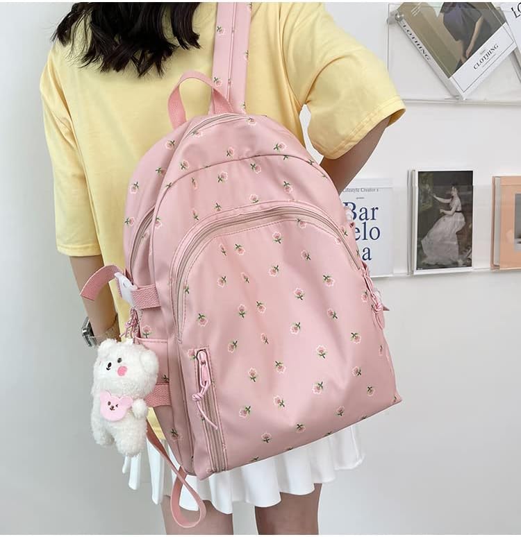 Miniatura 2 de Mochila floral con colgante de peluche Kawaii para cachorros, accesorios lindos múltiples bolsillos estéticos para la escuela, mochila para