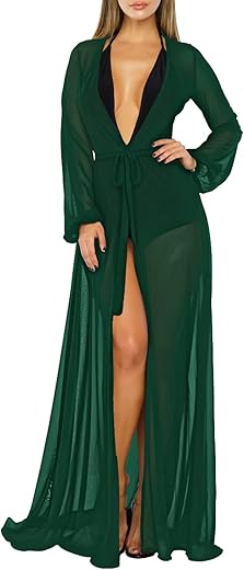 Sovoyontee Black Mesh Sheer Long Sleeve Cover Up Dress XL