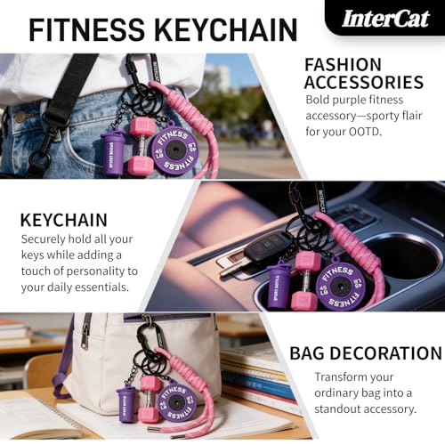 InterCat Gym Accessories for Women, Fitness Keychain Set, Pink and Purple Silicone Mini Dumbbell Weight Bottle, Workout Bag Accessories, Gym Essentials Gifts for Men Women — view 4