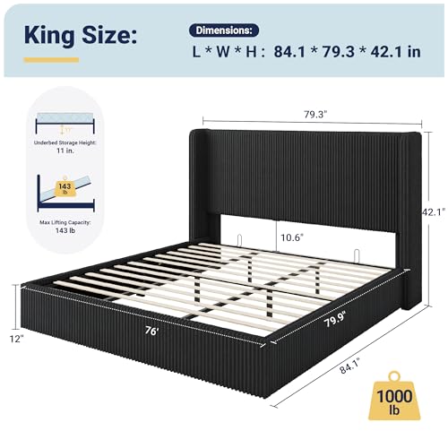 Image of Allewie King Lift-Up Storage Bed Frame, Corduroy Wingback Headboard, Black