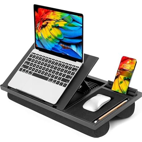 LORYERGO Adjustable Laptop Desk with Cushion, Mouse Pad & Cellphone Slot - Laptop Stand for Bed & Couch, Lap Desk for Home & Office (Black) Cover