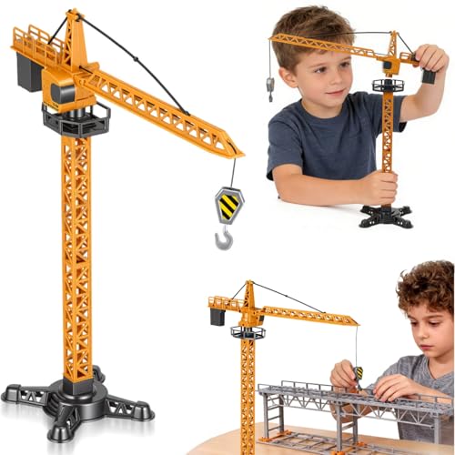 jojofuny Diecast Tower Crane Model Toy - Realistic Construction Vehicle with Manual Lifting Mechanism Durable Engineering Play Toy Crane for Boys Age 4-7 No Battery Needed