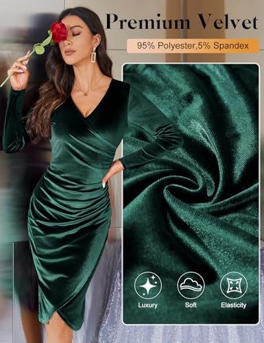 heekpek Cocktailkleid Damen Langarm Samtkleid Lang V Ausschnitt Partykleid Elegant Kleid Damen Festlich Weihnachtskleid Sexy Abendkleid Winterkleid Herbst Midikleid, Grün, L