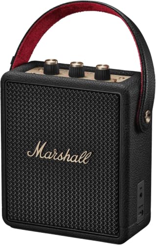 Image of Marshall Stockwell III Portable Bluetooth Speaker with 40+ Hours of Playtime, (360 True Stereophonic Sound), IP55 Dust & Water Resistant, M Button for Presets - Black & Brass.