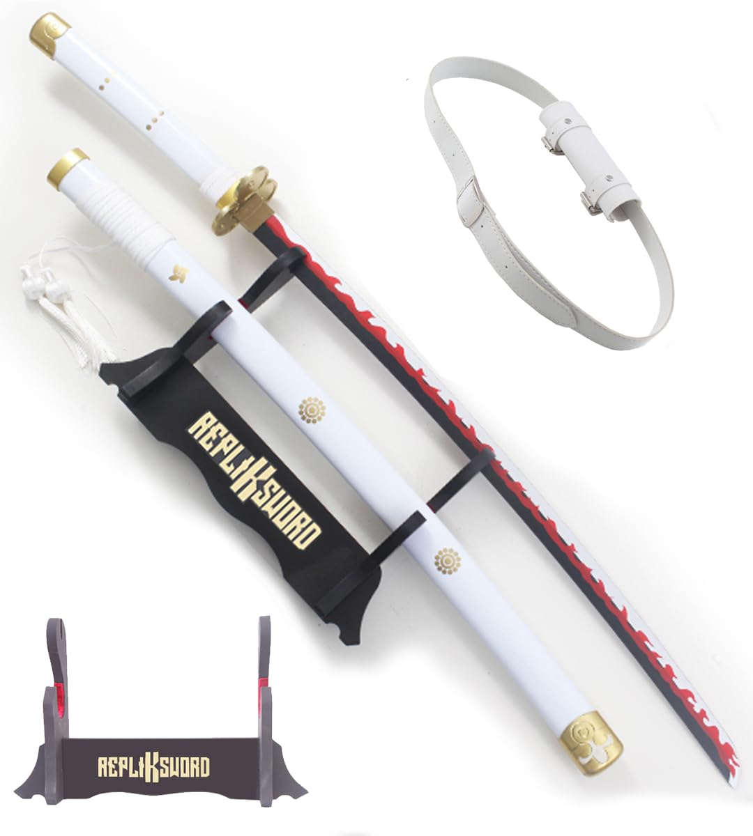 One Piece Katana Oden Ame No Habakiri - Épée Zoro Sabre Amenohabagiri Enma en Bois - Présentoir en Bois et Ceinturon Blanc Porte-Épée Inclus