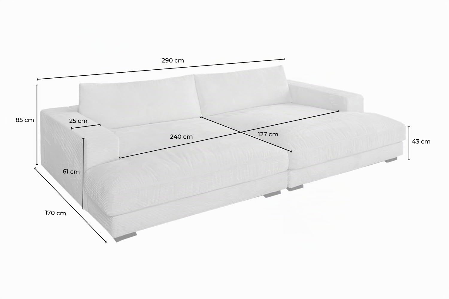 KAWOLA XXL Cord Sofa Madeline I Große Couch im Zeitlosen Design I Gaming und Relax Sofa - 290 x 86 x 170 (BxHxT)