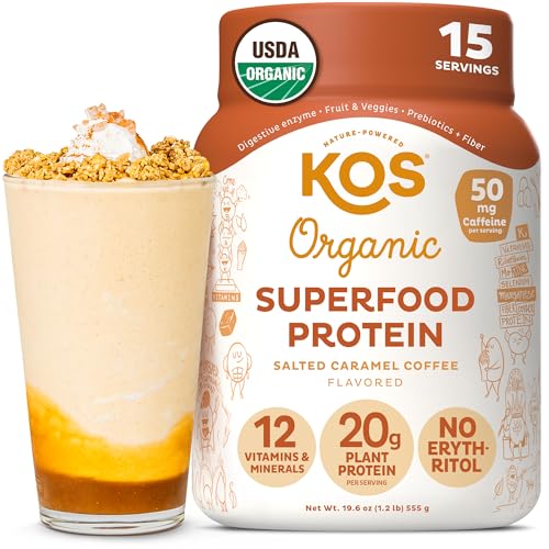 KOS Vegan Protein Powder Salted Caramel Coffee - Low Carb Pea Protein Blend Organic Plant Superfood Rich in Vitamins & Minerals - Keto Dairy Free - Meal Replacement for Women & Men - 15 Servings