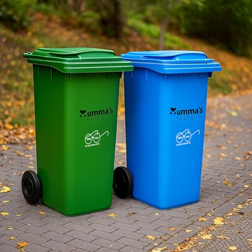 Image of Mumma's LIFE 120L Dustbin for Home | Plastic Manual-Lift Wheel Garbage Bin | Heavy Duty HDPE Waste Bin with Lid & Wheels | Green & Blue | Pack of 2