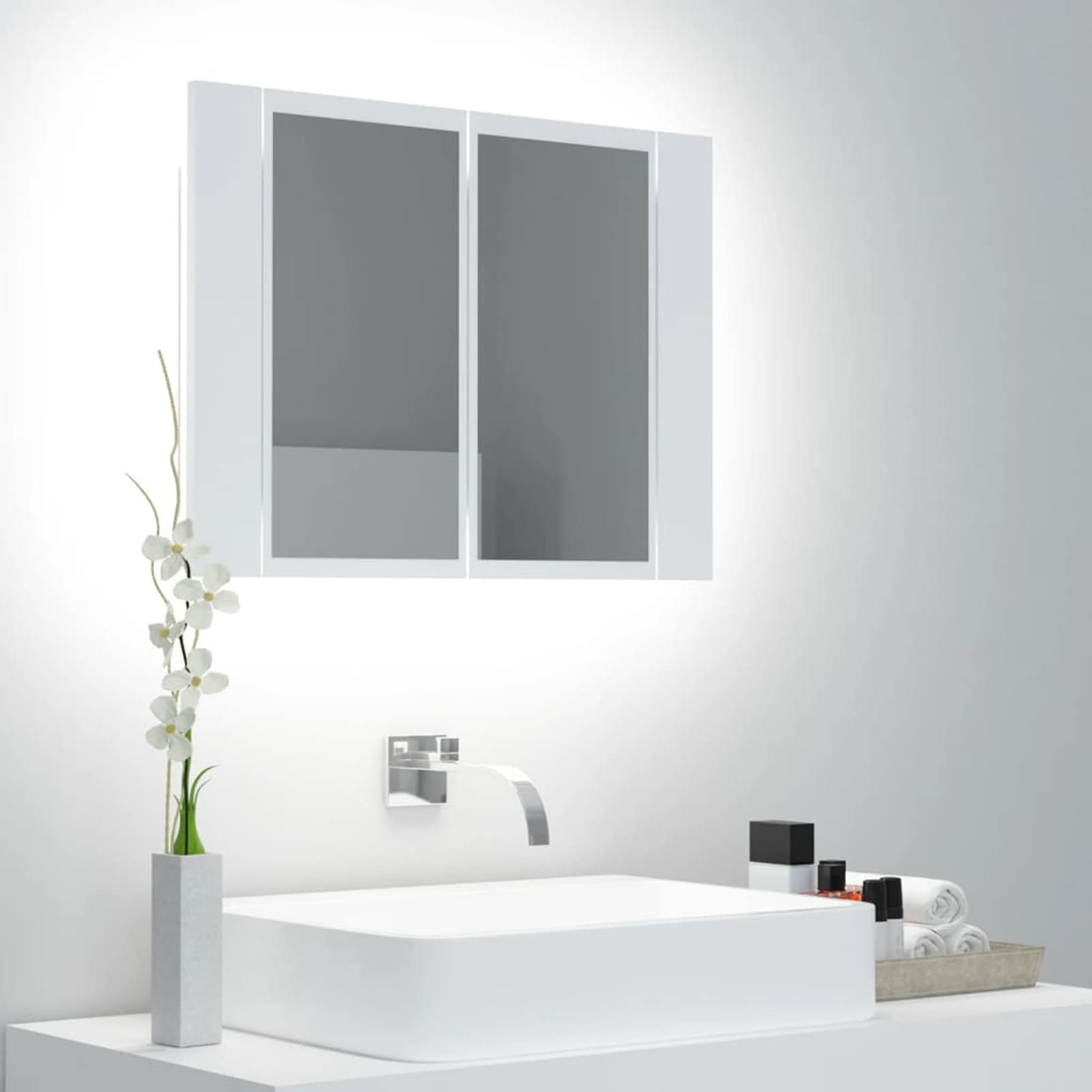 Iiaky Armario Espejo de baño con luz LED Espejo baño con luz y estantes Mueble baño Colgar Armario de baño con Espejo acrílico Blanco 60x12x45 cm