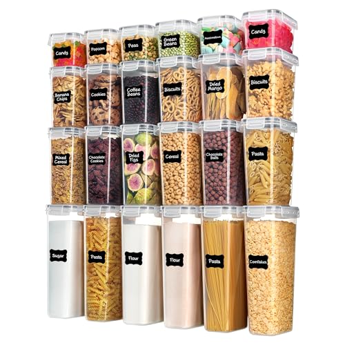 Vtopmart Airtight Food Storage Containers with Lids, 24 pcs Plastic Kitchen and Pantry Organization Canisters for Cereal, Dry Food, Flour and Sugar, BPA Free, Includes 24 Labels，Gray