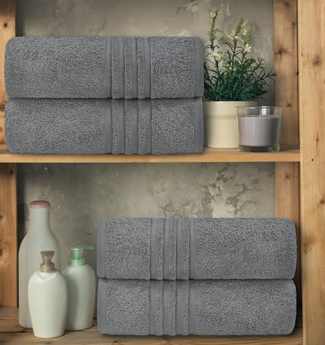 Image of White Classic Wealuxe Grey Bath Towels Set of 4, Cotton Body Towel for Hotel, Gym, Spa, Soft Extra Absorbent Quick Dry Towels for Bathroom 27x54 Inch
