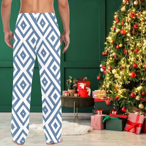 visesunny Mens Cotton Pajama Pants PJ Bottoms Blue Square Diamond Lightweight Soft Lounge Sleepwear with Pockets4