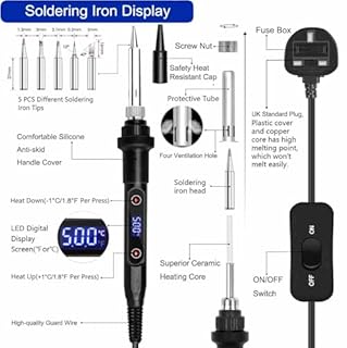 Soldering Iron Kit 80W Ceramic Heating, LCD Adjustable Temperature 180-500°C, 13in1 Welding Tool with Switch Solder Wire, Solder Wick, 5 Soldering Tips, Desoldering Pump, Wire Stripper, Stand, Tweezer