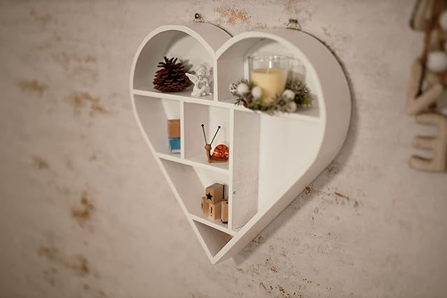 Nabatee Wooden Shabby Chic White Floating Heart Decorative Wall Shelf Modern and Unique/Rustic. Small Wooden Shelf for Home and Kitchen (White)